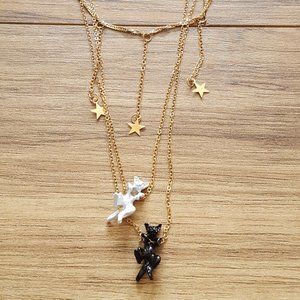 3pcs black white cat long sweater chain and star choker gold tone necklace set